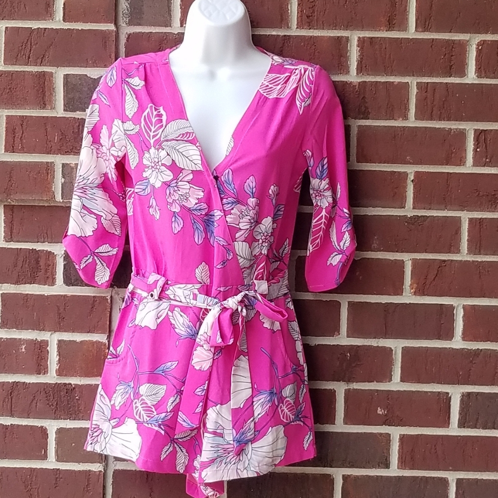 Pink Summer Romper with a faux wrap Style